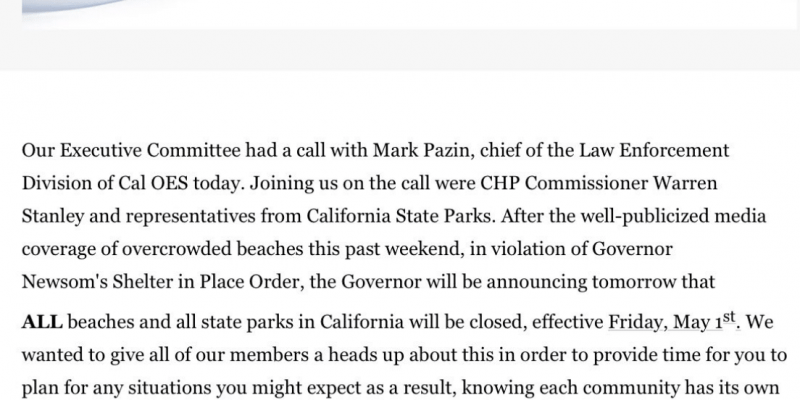 Close All Beaches State Parks California COVID